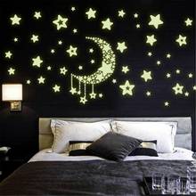 Adesivo luminoso de parede 3d com estrela e lua, brilha no escuro, removível, para quarto de crianças, decalque para sala de estar 2024 - compre barato