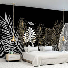 Papel de parede auto-adesivo 3d personalizado, preto e branco, esboço, dourado, folha de símbolo tropical, coqueiros, adesivo para sala de estar 2024 - compre barato