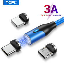Магнитный USB кабель TOPK, 3A, Micro USB, Type-C, iPhone, 1 м, серебристый, красный, синий 2024 - купить недорого
