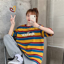 Feminino coreano harajuku retro listrado carta solta tshirt camisetas femininas topos japonês kawaii senhoras ulzzang roupas para mulher 2024 - compre barato