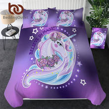 BeddingOutlet-Juego de ropa de cama con dibujos de unicornios para niños, edredón con estampado de flores y rosas, Textiles para el hogar, ropa de cama púrpura, 3 uds. 2024 - compra barato