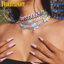 Collar de mariposa de circonia cúbica esmaltada Multicolor para mujer, gargantilla de mariposa de 12mm, cadena de eslabones cubanos de Miami, joyería de Hip hop 2024 - compra barato