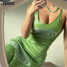 2021 Summer dress Print Knit Bodycon Dress Women Green Y2K Hollow Out Sexy Sleeveless Spaghetti Strap Beach Dresses robe vintage 2024 - buy cheap
