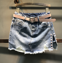 Jean saia mulher primavera verão novo ajuste fino all-match denim saia de cintura alta irregular curto mini rippede jeans saia pant femme 2024 - compre barato