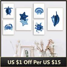 Blue Nautical Canvas Painting Posters and Prints Coastal Marine Life Starfish Coral Tortoise Illustration Art Decor 2024 - buy cheap