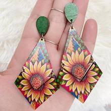 2021 Wholesale European and American Popular Ethnic Style Geometric Wood Stitching Printing Sunflower Earrings 2024 - buy cheap