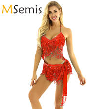 Women Shiny Belly Dance Costume Set Sequin Tassels Halter Neck and Back Tie Up Bra Top with Hip Scarf Wrap Skirts Pole dancewear 2024 - buy cheap