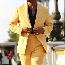 Ternos masculinos de linho, roupas de verão amarelas para homens, blazer, slim fit, 2 peças, vestido de noivo, baile de casamento, ternos (jaqueta + calças) 2024 - compre barato