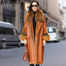 Ayunsua casaco de couro legítimo feminino, casaco de inverno com gola de pele de guaxinim cachorro 2024 - compre barato