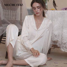 Mequertiz conjunto de pijamas de cetim feminino, pijama de seda cetim com botão superior, calça, roupa de dormir, primavera, traje de dormir, 2021 2024 - compre barato