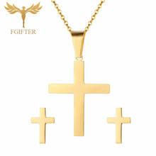 Fashion Stainless Steel Set Golden Color Cross Stud Earrings Pendant Necklace Christian Jewelry Sets Jewelery Adornment 2024 - buy cheap