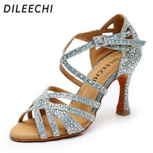 Dileechi sapatos de dança latina, brilho de strass azul, sapatos de salão feminino, dança de salão, festa, salto alto 9cm 2024 - compre barato