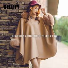 Autumn winter Women"s Real cashmere cape shawls with Big real Fox Fur collar  Loose warm Women real fur cape 2024 - buy cheap