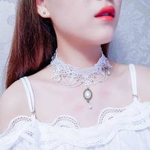 Fashion Gothic Wedding Jewelry White Lace Short Choker Collar Statement Necklace For Women Tassel Pendant Neck Band 2024 - buy cheap