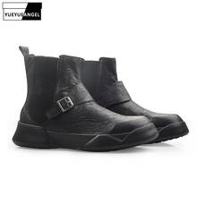 Botas casuais masculinas retrô britânica de couro verdadeiro 38-44, calçado plataforma preta de deslizar para outono e inverno 100% 2024 - compre barato