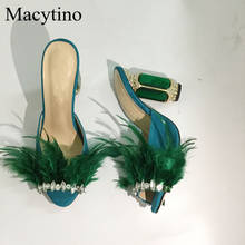 Chinelos de salto alto da moda, chinelos de camurça de couro verde, sapatos personalizados de salto alto, sapatos formais para mulheres, tamanhos grandes 2024 - compre barato
