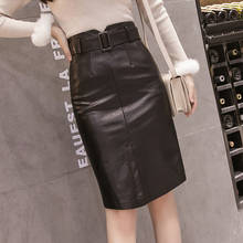 Women's Pu Leather Skirt Black Split Ins Super Fire Pencil Skirt Female Autumn Winter High Waist Belt Knee-Length Skirts ML286 2024 - buy cheap