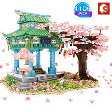Sembo diy cena de rua famosa estilo japonês flor de cerejeira bloco de construção pavilhão modelo tijolo brinquedos educativos presentes da menina 2024 - compre barato