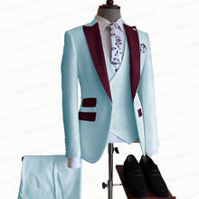 Traje de boda azul cielo para novio, conjunto de esmoquin de 3 piezas hecho a medida para hombre, chaqueta, chaleco, pantalones, vestido de solapa burdeos, 2021 2024 - compra barato