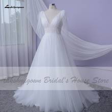 Lakshmigown sexy vestido de casamento a linha 2021 bruidsjurk chique vestidos de noiva com decote em v inchado tule sem costas vestidos de casamento renda corpete 2024 - compre barato