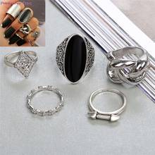 6 шт./компл. новейшие винтажные кольца в стиле панк серебряное кольцо на костяшки черный камень перо узор набор ювелирных изделий кольцо аксессуары 2024 - купить недорого