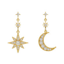 Brincos piercing elegantes de estrela e lua, brinco de declaração de strass, cor de prata boêmia, joias da moda 2024 - compre barato