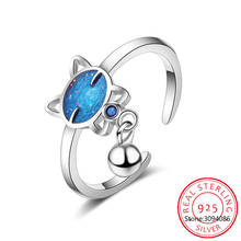 Simple Cute Blue Cat Bead Tassel Adjustable Ring For Women Girl 925 Sterling Silver Ring anillos Bague mujer 2024 - buy cheap