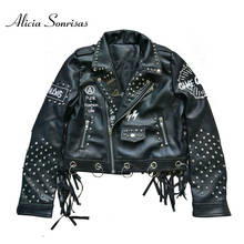 Women Black Leather Tassel Jacket 2021 Streetwear Rivets Punk Female Streetwear Graffiti Printed Fringed Biker Coat 2024 - buy cheap