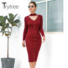 Trytree 2019, осенне-зимнее женское платье, повседневное, v-образный вырез, одноцветное, 5 цветов, на пуговицах, приталенное, модное, длиной до колена, офисное, женское платье 2024 - купить недорого
