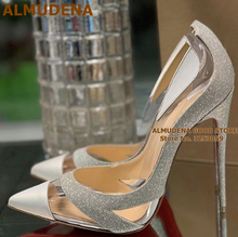 ALMUDENA Newest Silver Bling Bling Sequined High Heels Clear PVC Patchwork Pointed Toe Pumps 12 10 8cm Cut-out Wedding Shoes 2024 - buy cheap