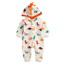 Macacão estampado de dinossauro colorido para bebês, 0-24 meses, manga longa, macacão com capuz para meninos, meninas, roupas de outono 2024 - compre barato