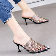 Sandalias de tacón alto con diamantes de imitación para mujer, zapatillas de media arrastre puntiagudas, para verano 2024 - compra barato