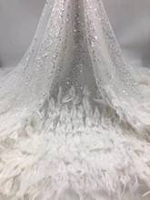 Tela de encaje de tul africano blanco puro con lentejuelas, bordado de plumas de moda, tela de encaje de red francesa nigeriana para fiesta de boda 2024 - compra barato
