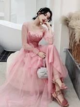 Vestido largo rosa de manga larga para mujer, vestido de princesa para fiesta de banquete, baile de noche, actuación, envío gratis 2024 - compra barato