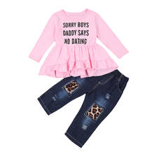 FOCUSNORM Fashion Kids Girls Clothes Sets 1-6Y Letter Print Long Sleeve Pullover Tops Denim Leopard Pants 2pcs 2024 - buy cheap