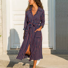 Stripe Print Shirt Dress Turn-Down Collar Sashes Button Casual Autumn Winter Long Sleeve Pocket Elegant Robe Maxi Vestidos 2024 - buy cheap
