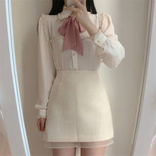 2021 Autumn Women's Cute Bow Tie Tops Preppy Style Vintage Japaneses Korea Design Button Elegant Formal White Shirts Blouses 2024 - buy cheap