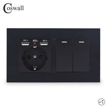 COSWALL EU Russia Spain Wall Socket With 2 USB Charge Port + 2 Gang 2 Way Pass Through On / Off Light Switch Switched PC Panel 2024 - buy cheap