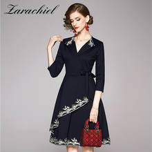 Spring Autumn 2020 Office Lady Lace-up Belt High Waist V-Neck Dress Women Vintage Flower Embroidery Elegant Midi A-Line Dress 2024 - buy cheap