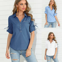 V Neck Tunic Chemise Femme Women Button Half Sleeve Office Blouse Ladies 2020 Spring Summer Shirt Vintage Top Blue White Blouse 2024 - buy cheap
