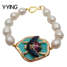 Y·YING Natural Freshwater Cultured White Rice Pearl Blue turquoises  CZ Insect Bracelet 8" 2024 - buy cheap