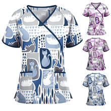 Working Nurse Uniform Tops Cat Cartoon Print T Shirt Scrubs Short Sleeve V-neck Pocket Women Nursing Clothes 2 Color 6 Sizes 2024 - buy cheap