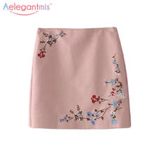 Aelegantmis-Falda corta de piel sintética para mujer, minifalda de tubo con bordado Floral, cintura alta, color rosa, Otoño, 2021 2024 - compra barato