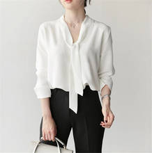 Blusa blanca de Chifón con manga larga para verano y otoño, camisa con cuello en V para mujer, talla grande, 35 2024 - compra barato