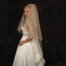 Véu de noiva com 2 camadas, borda de cetim de marfim, véu de casamento curto de tule, pérolas com contas para mulheres 2024 - compre barato