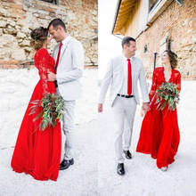 Vestido de noiva vermelho, manga longa, design personalizado, gola v, renda, estilo boho 2024 - compre barato