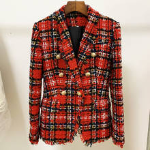 Blazer de Tweed a cuadros rojos para mujer, chaqueta de manga larga con doble botonadura dorada, cuello esmoquin, otoño e invierno, 2021 2024 - compra barato