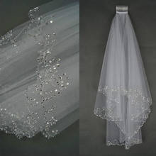 Véu de noiva com lantejoulas, véu de noiva curto com duas camadas, tule com borda de contas, feminino, 2020 2024 - compre barato