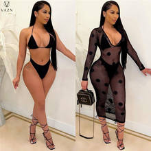 VAZN 2021 Summer Mesh Fabric See Through Swimming Bikini Bodycon Sexy Bandage Beach Suits 3 Piece Set Women Top And Pant 2024 - buy cheap