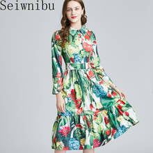 Spring Runway Designer Elegant Party Dress Women Turn Down Collar Green Print Office OL Female Casual Midi Dress Vestdios 2024 - buy cheap